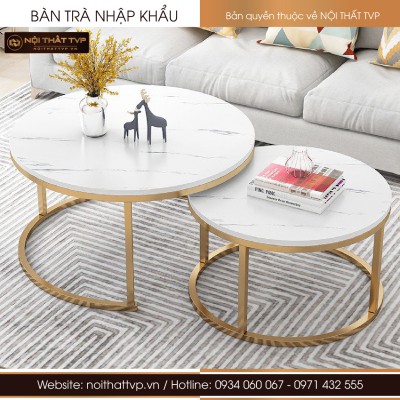 Bàn sofa nhập khẩu mặt đá chân sắt tròn đôi 