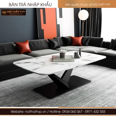 Bàn sofa mặt đá Marble trắng vân mây, chân sắt chéo chữ X phun sơn tĩnh điện TVP