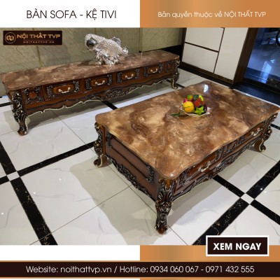 Combo bàn sofa kệ ti vi tân cổ điển màu gỗ nhập khẩu- TVPBK2023