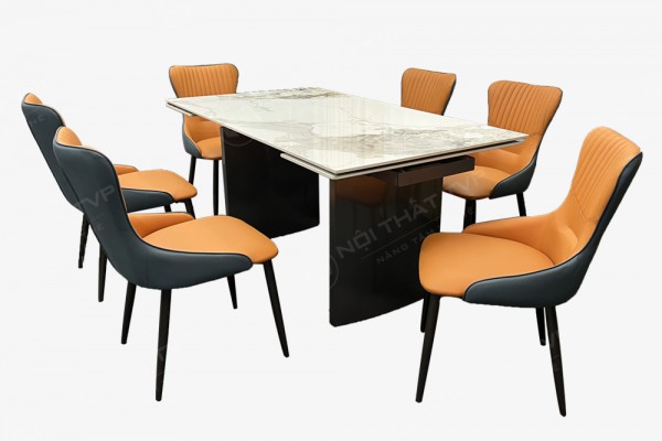 Bộ bàn ăn thông minh kéo dài 1m6 - 2m4 mặt ceramic chân inox và ghế ăn bọc da Y58