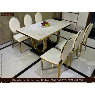 Bộ bàn ăn Inox mặt đá cẩm thạch 6 ghế luxyry màu trắng đen