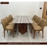 Bộ bàn ăn mặt đá cao cấp 2,2m chân gỗ teak và 8 ghế bọc da Microfiber