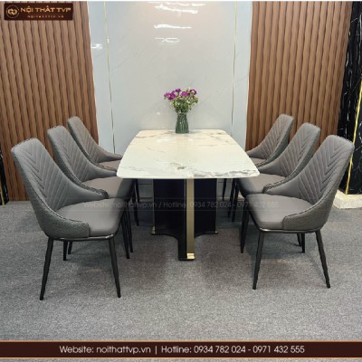 Bộ bàn ăn Ceramic Bóng cao cấp và 6 ghế nhập khẩu da đan TVP97