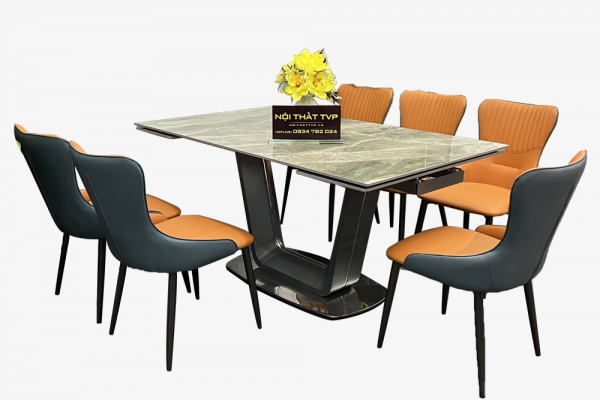 Bộ bàn ăn thông minh kéo dài 1m6 - 2m4 và 6 ghế Y58 màu cam bò
