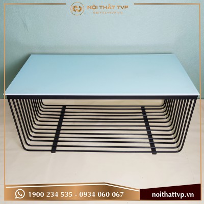 Bàn sofa chữ nhật mặt kính cường lực trắng, khung chân lưới sơn tĩnh điện đen TVP KL-03