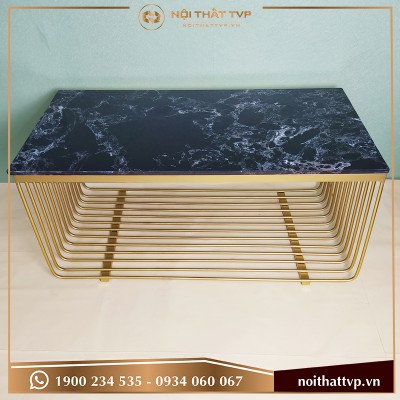 Bàn sofa chữ nhật mặt đá đen vân mây, khung chân lưới sơn tĩnh điện vàng TVP KL-04