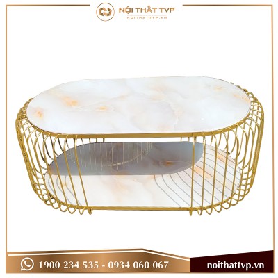 Bàn sofa chữ nhật, chân sơn tĩnh điện vàng, mặt kính trắng vân mây TVP-BT3-02