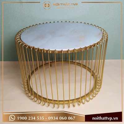 Bàn sofa dạng lồng chim, mặt kính trắng vân mây, chân sơn tĩnh điện vàng TVP-BĐ 06