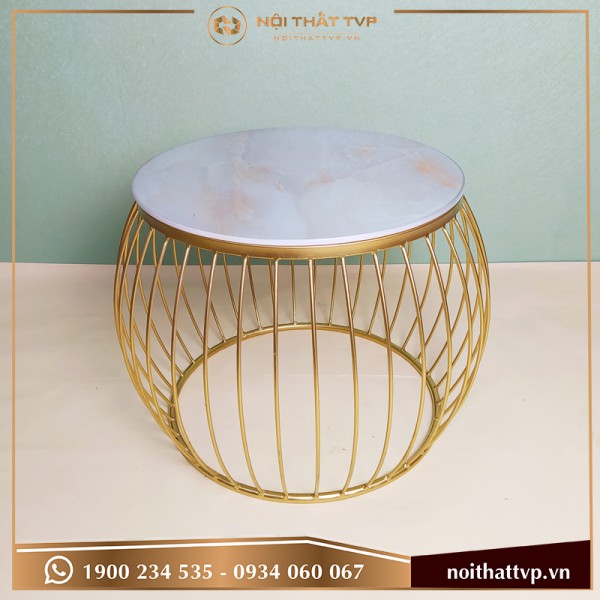 Bàn sofa mặt kính trắng vân mây , chân sơn tĩnh điện vàng TVB-LĐ05