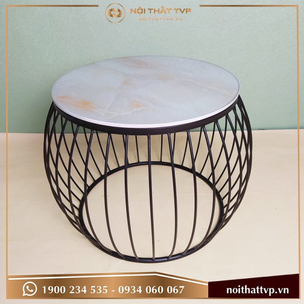 Bàn sofa mặt kính trắng vân mây, chân sơn tĩnh điện đen TVB-LĐ06