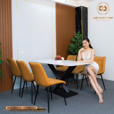 Bộ bàn ăn mặt đá chân chữ X 6 ghế loft vuông màu cam